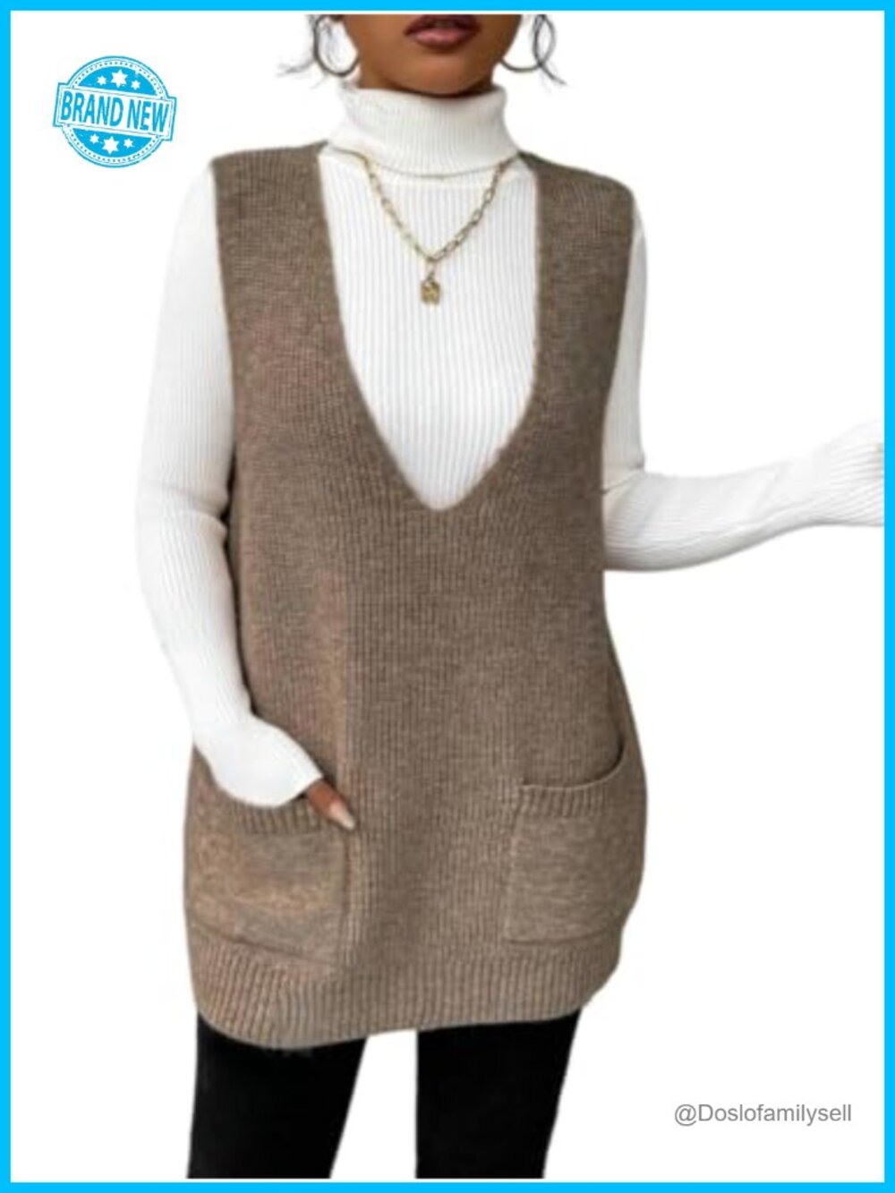 V Neck Knit Sweater Vest Dress Sleeveless Pocket Tunic Top